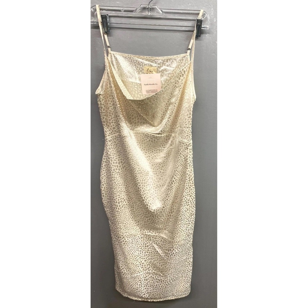 Lena Slip Midi Satin Dress Womens Small Cream Animal Print Square Neck Side Slit